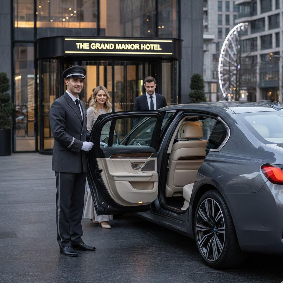 Arrivée d’un client devant un hôtel, portière tenue par le chauffeur