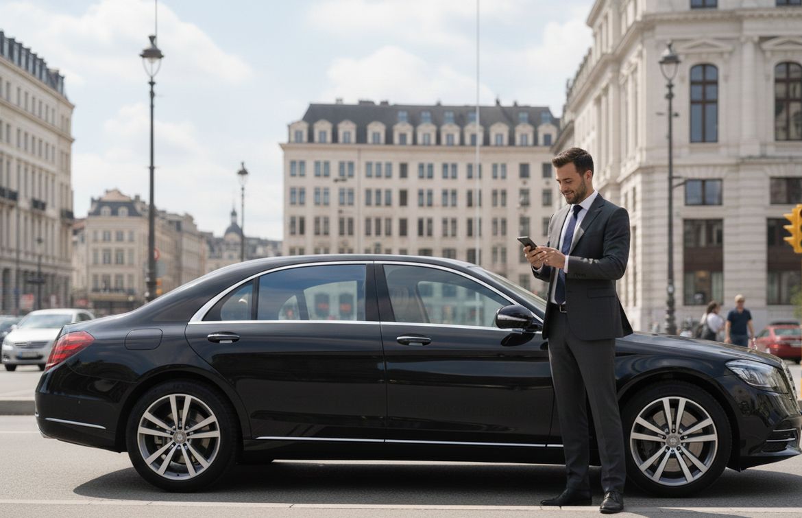 Homme d’affaires devant une berline noire en ville