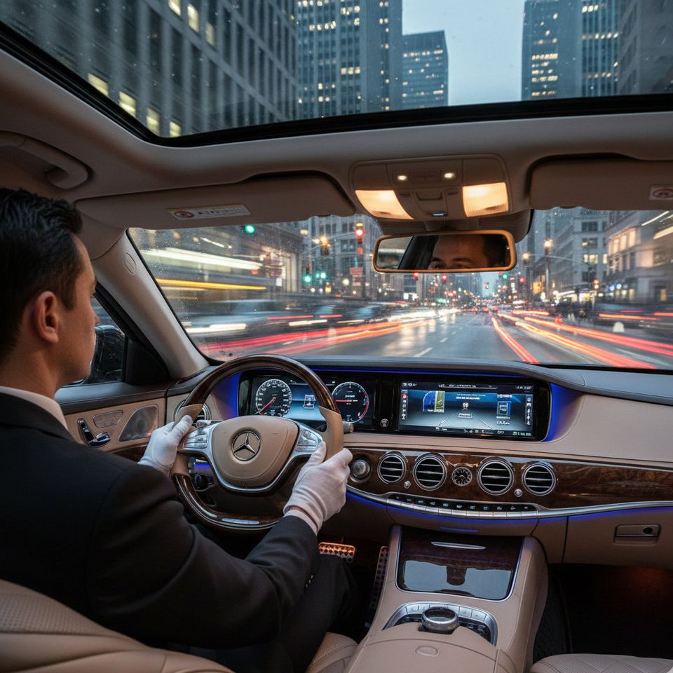 Chauffeur au volant d’une berline de luxe la nuit
