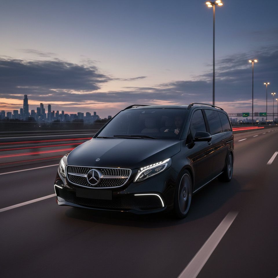 Van Mercedes Classe V sur la route au crépuscule